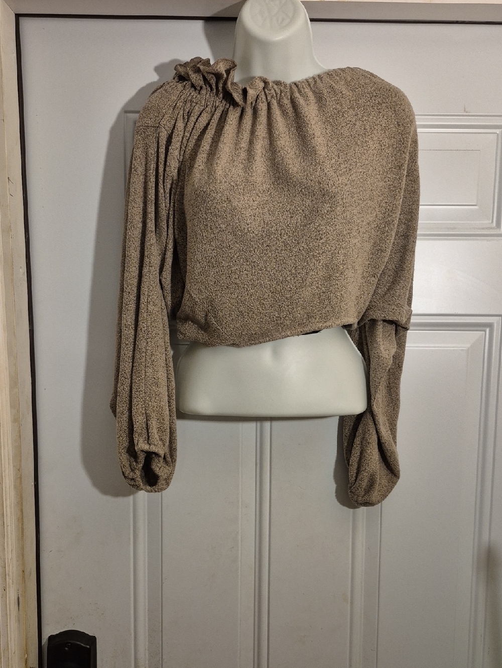 Ruched One-Shoulder Long Sleeve Top in Beige